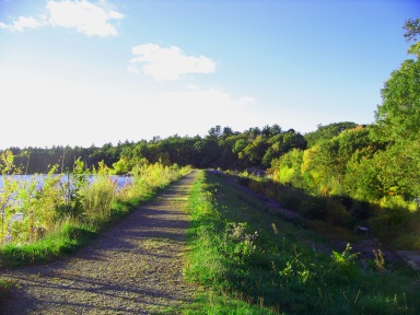 The hiking trail along the top of the 900 foot long Aaron Reservoir Dam.