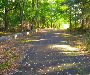 Car top boat access road to Aaron reservoir at Wompatuck State Park.