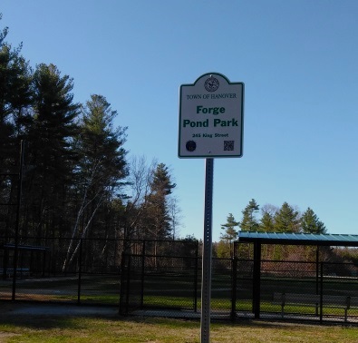 Forge Pond Park sign near the rear of the park near the ball fields.