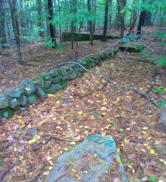 Rock wall and foundation along the picture pond loop in Wompatuck State Park.