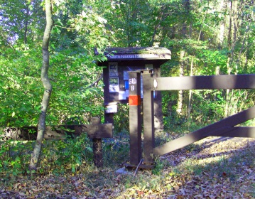 Gate and Kiosk of South Pleasant St. entrance of Wompatuck State Park.