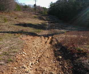 Rough gravel hiking trail through a power line.