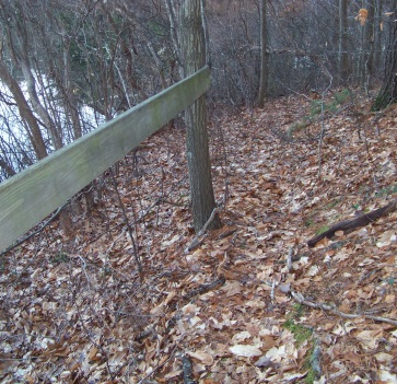 wooden railing pond side on trail at cushing woods