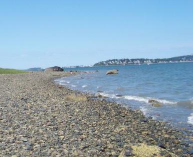 Scenic rocky shore beach on Bumpkin Island.