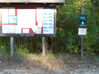 Kiosk at unused parking area at Cranberry Watershed Preserve. Kiosk at unused parking area at Cranberry Watershed Preserve.