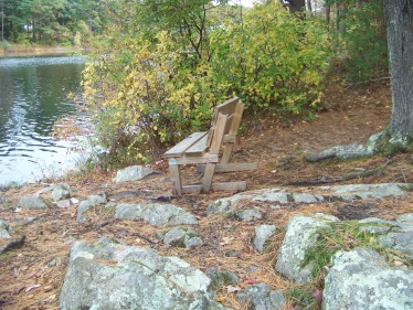 bench at cushing point on cushing pond in hingham